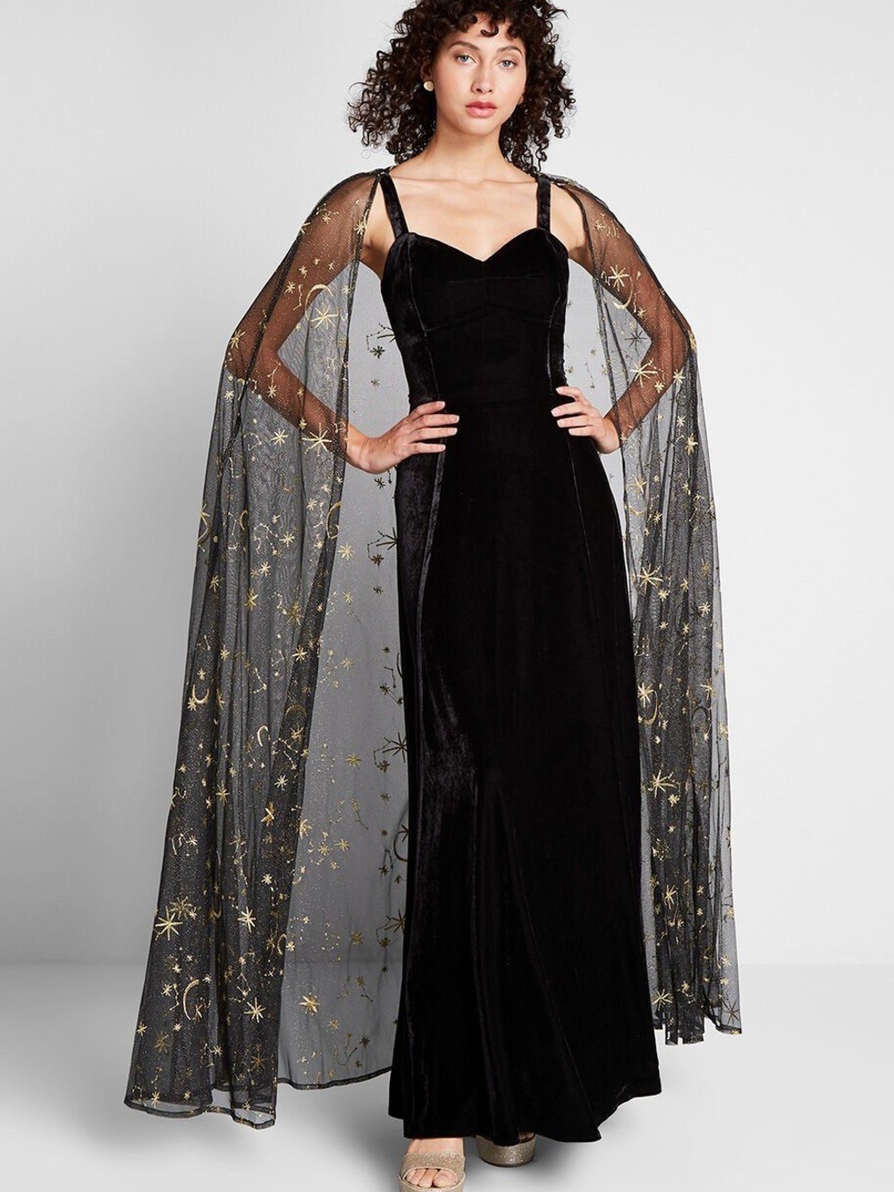 Collectif Black Celestial Occasion Velvet Maxi Dress Evening Gown (no cape) new